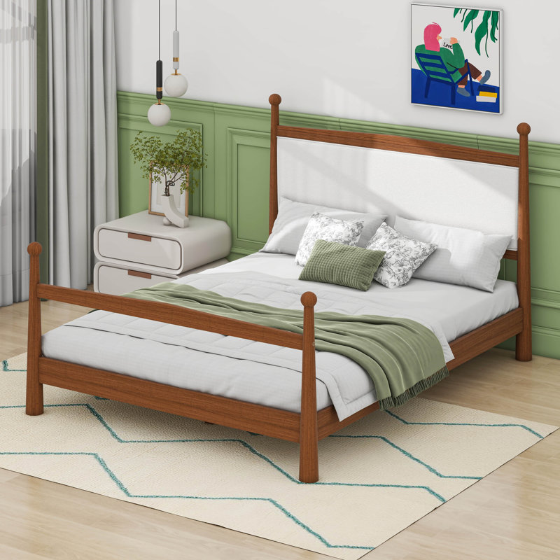 Mid-Century Upholstered Bed Frame With Headboard, Queen, Brown