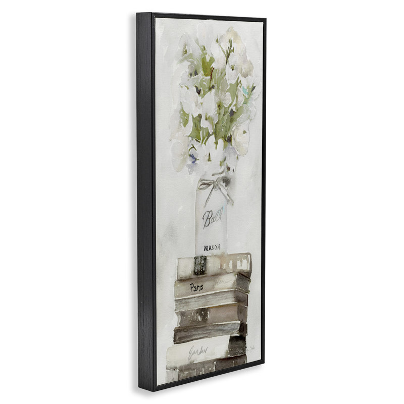 Fleurs blanches sur des livres vieillis, estampe numérique par Stellar Design Studio, Giclée encadrée noir minuit