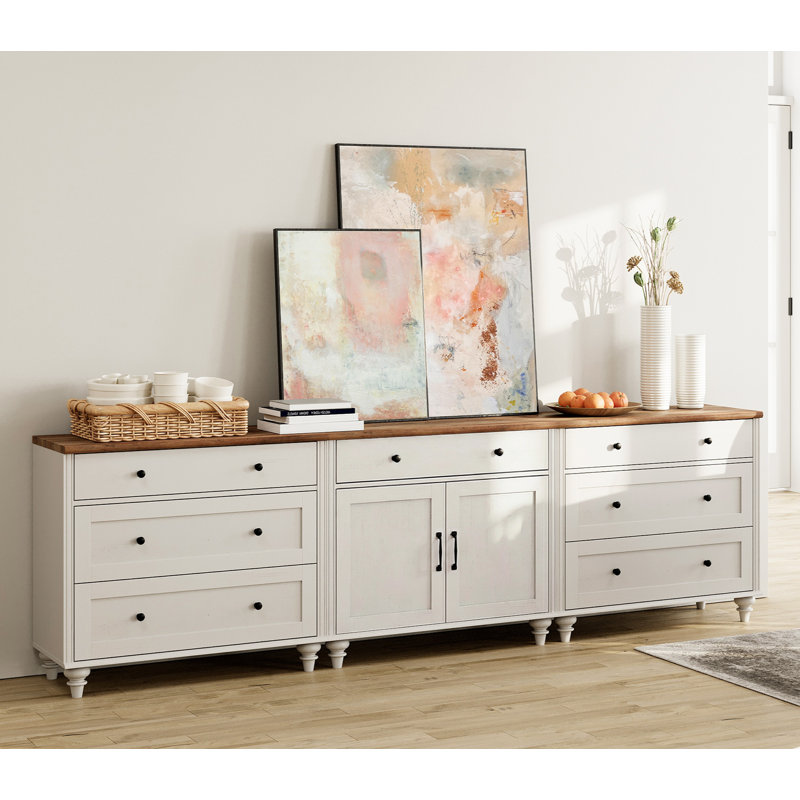 Large Buffet Cabinet With 7 Drawers And 2 Doors, Vintage Wood Grain Design, Farmhouse Coffee Bar With Storage, Morden Sideboard Cabinet For Dinning Room, Kitchen, And Living Room, White, 101 "