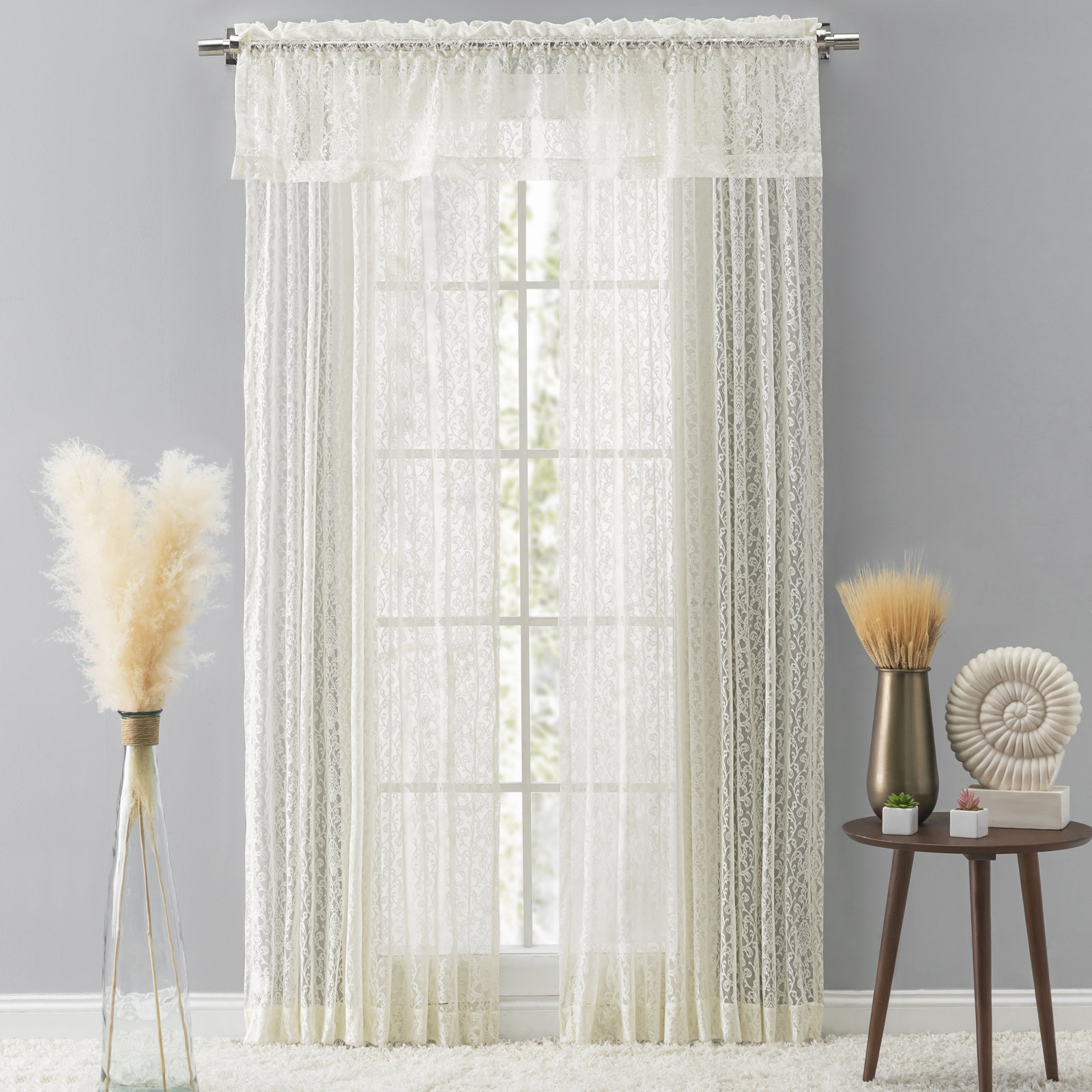 Elainah Premium Lace Semi-Sheer Rod Pocket Curtain Panel, Natural, 54" W x 96" L