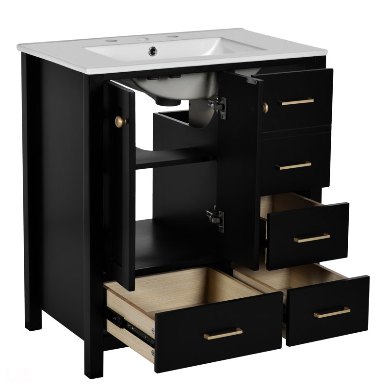 Ensemble de meuble-lavabo 30 po avec lavabo en céramique, armoire de rangement en bois massif, ensemble de meuble-lavabo autoportant avec 4 tiroirs et portes à fermeture douce, meuble-lavabo