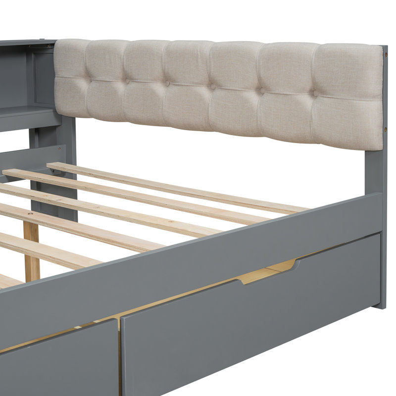 Lit plateforme en bois avec tête de lit tapissier, tablettes de rangement, 2 tiroirs et station de charge, Gris, Lit double