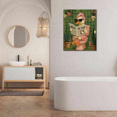 Funny Botanical Duck Print Bathroom Wall Art - Fashion Duck On Toilet Picture Poster Artwork Funny Animal Bathroom Wall Decor 8X10 Canvas Framed