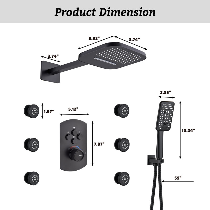 Système de douche complet thermostatique mural à 4 fonctions avec 6 jets de corps et valve brute, Noir mat