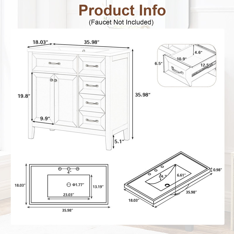 Meuble-lavabo 36 po avec lavabo en céramique, armoire de salle de bain avec tiroirs et armoire, Noir