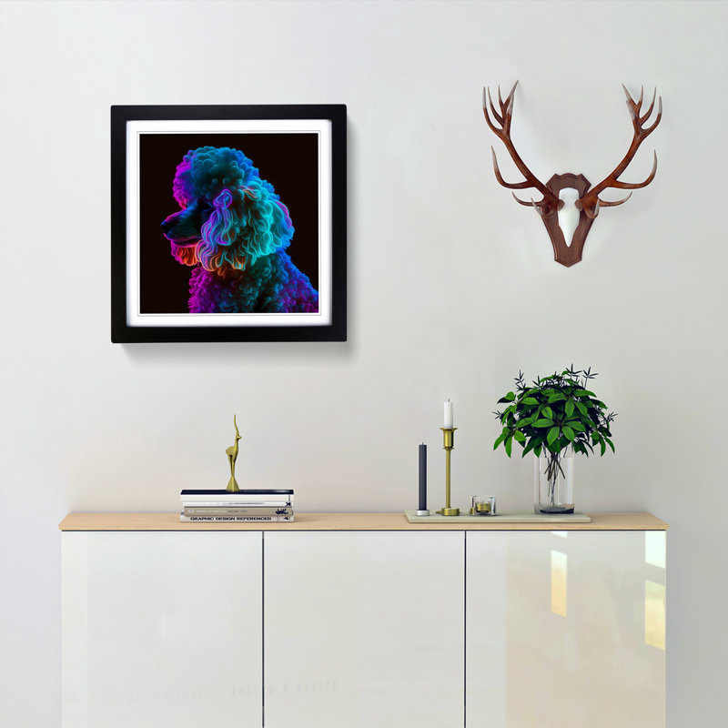 Poodle Neon - Single Picture Frame Print on Wood, Black