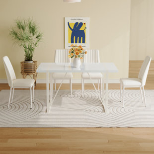 55''X31.5'' Cream - Style White MDF Dining Table Set With Armless Chairs, Backrest Of Chairs Designed With Multiple Vertical Stripes, Creating A Warm Atmosphere For Family Dining Spaces