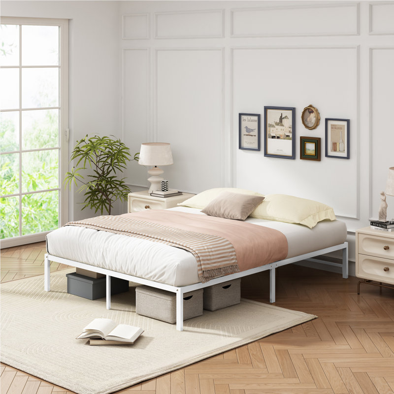 Base de lit plateforme en métal, Blanc, Lit double
