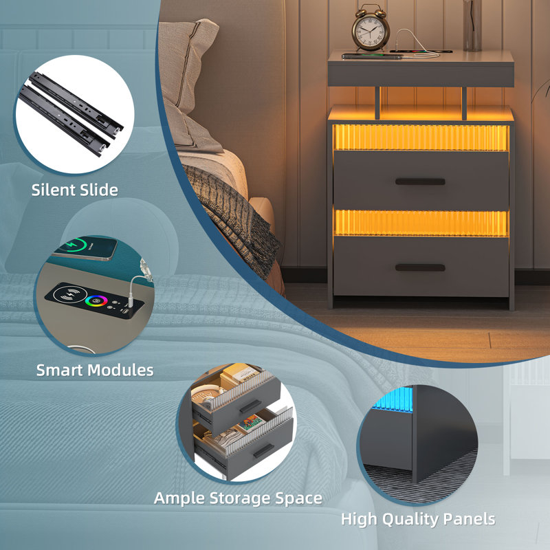 Keimar LED Nightstand with Charging Station, 2 Drawers End Table with Human Sensor 24 Colours Lights, Grey/Black
