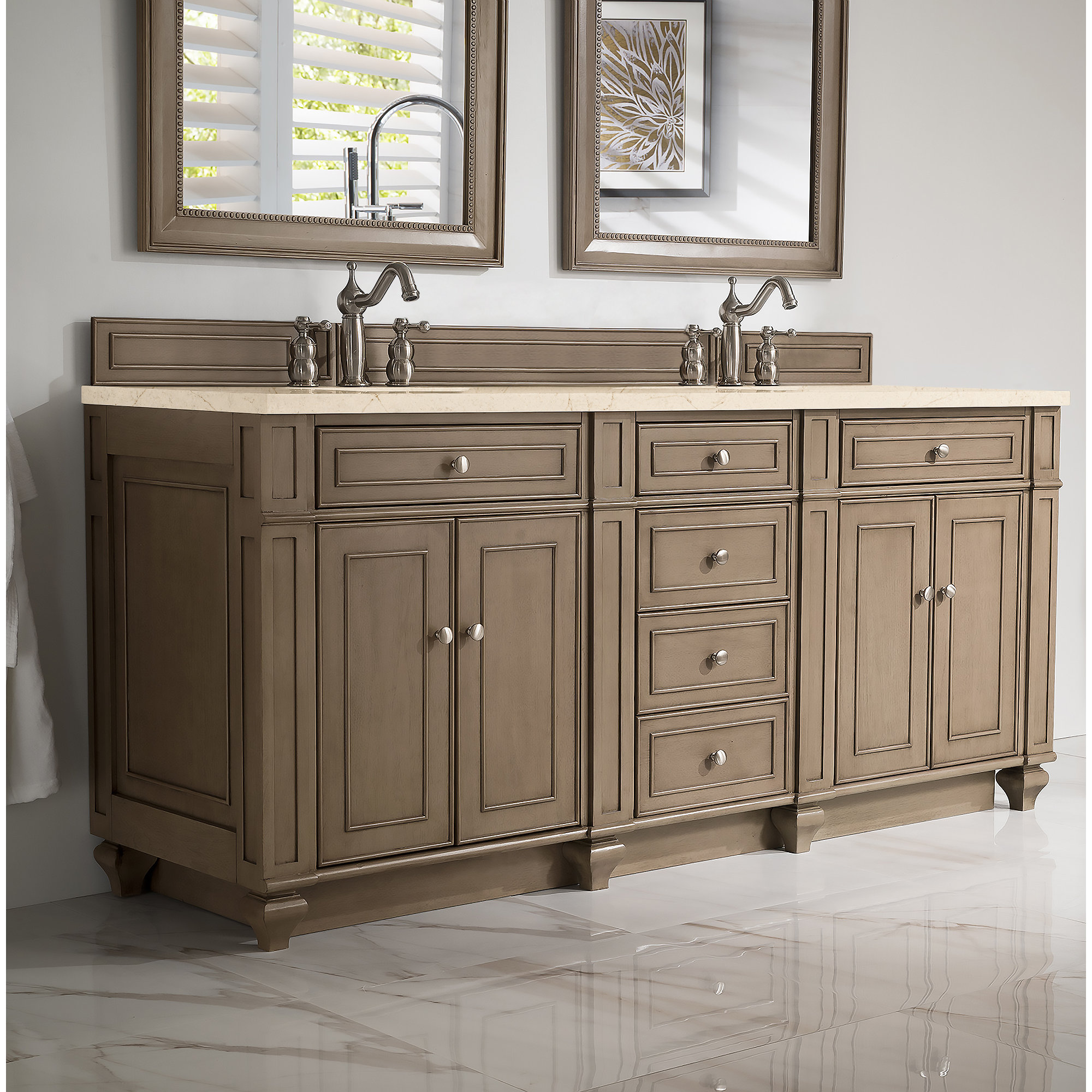 Bristol 72'' W Double Vanity, White Zeus, Whitewashed Walnut, 8" Widespread