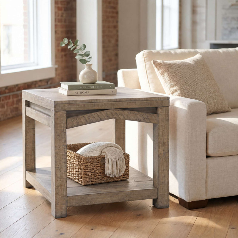 Table d'appoint carrée Lockington 24 pouces en pin massif, style rustique moderne, avec tablette