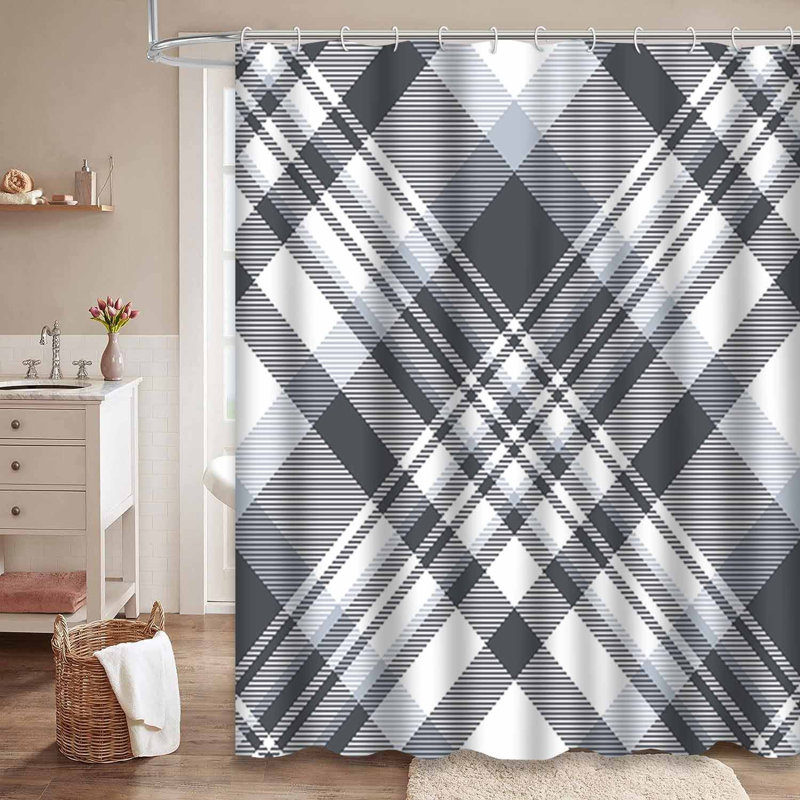 Rideau de douche à carreaux gris et blanc avec 12 crochets, L 72 po x l 72 po