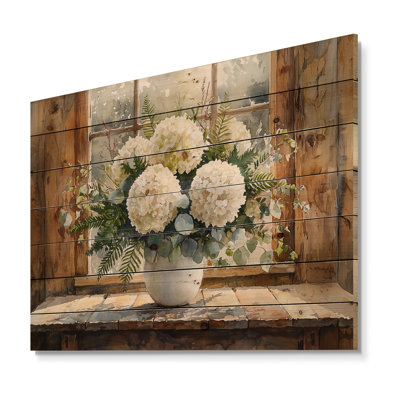 Bouquet d'hortensias «Barnyard Beauty» - impression d'hortensias sur bois de pin naturel
