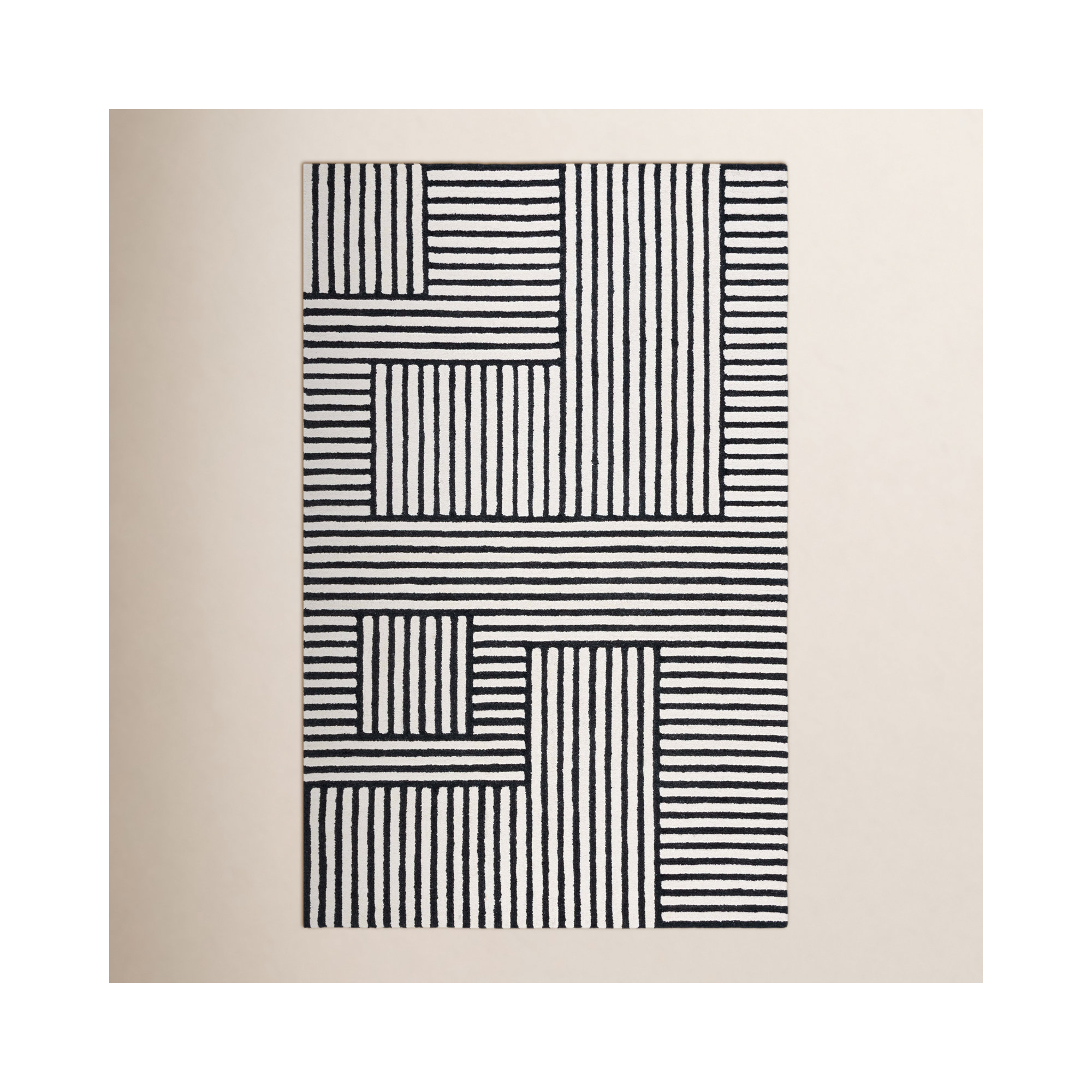 Elsbeth Geometric Hand Tufted Wool/Cotton Area Rug in Ivory/Black, Rectangle 6' x 9'