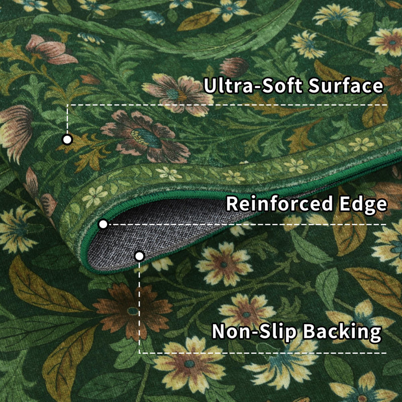 Washable Area Rug - Vintage Boho Botanical Low-Pile Rug, Dark Green, Rectangle 4' x 6'