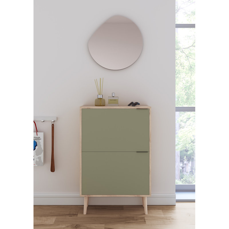 10 Pair Shoe Storage Cabinet, Light Oak/Green
