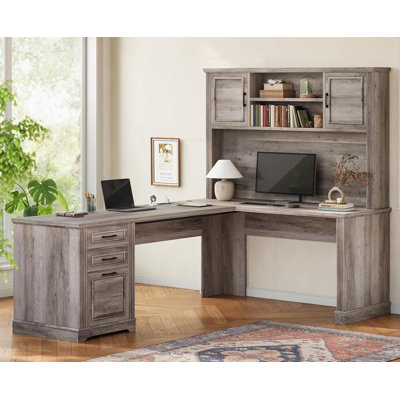 Farmhouse L Shaped Desk With Hutch And 3 Drawers, 68.9" Executive Office Desk With File Drawer And Power Outlet, Corner Computer Desk With Storage Shelves For Home Office,