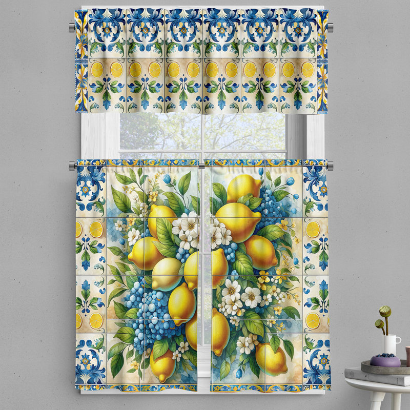Ambesonne méditerranée cantonnière et rideaux citrons mosaïque classique bleu jaune et vert, L 55 po x L 30 po