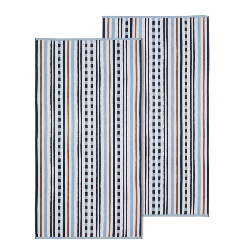 Serviette de plage texturée 100% coton à rayures Gilus, Bleu matin