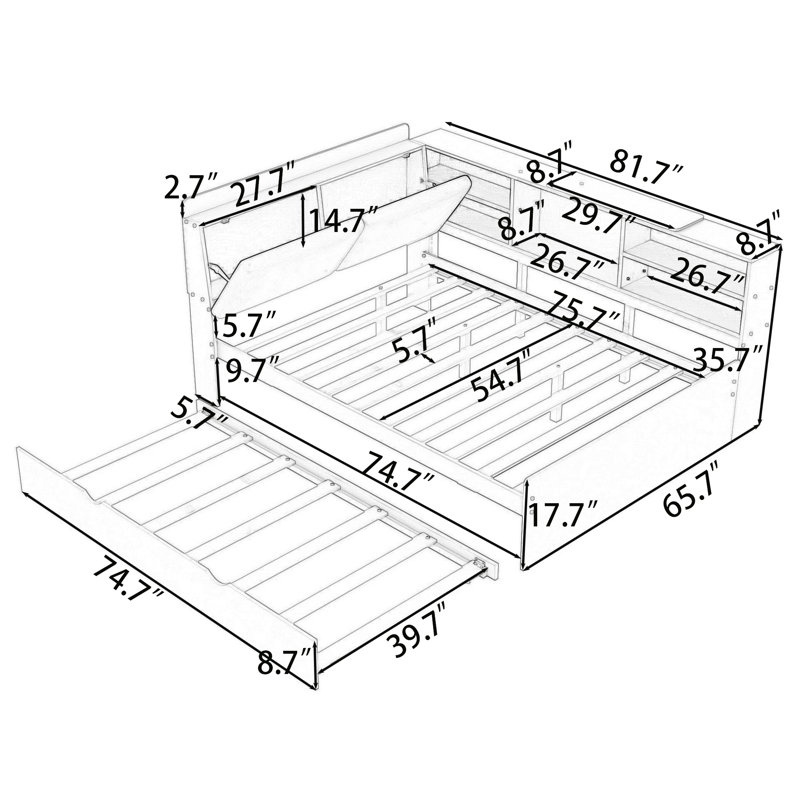 Lit plateforme double avec tablettes de rangement, lit gigogne et lattes, gris