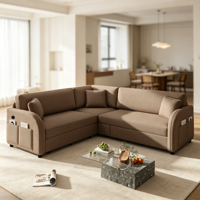 Canapé d'angle de 216 cm avec lit gigogne, convertible en lit, avec poche latérale et port USB, revêtement en polaire Sherpa pour salon et bureau