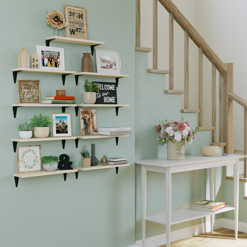 17" X 4.5" Floating Shelves For Wall Decor, Real Wooden Shelves, Wall Mounted Shelves For Living Room And Office Supplies, Farmhouse & Montessori Decor, Home Organization, Hanging, Natural, 15 Pcs