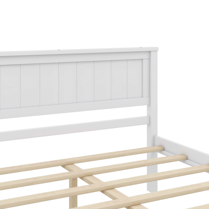 Structure de lit plateforme avec tête de lit et base à lattes en bois, Blanc, Lit double