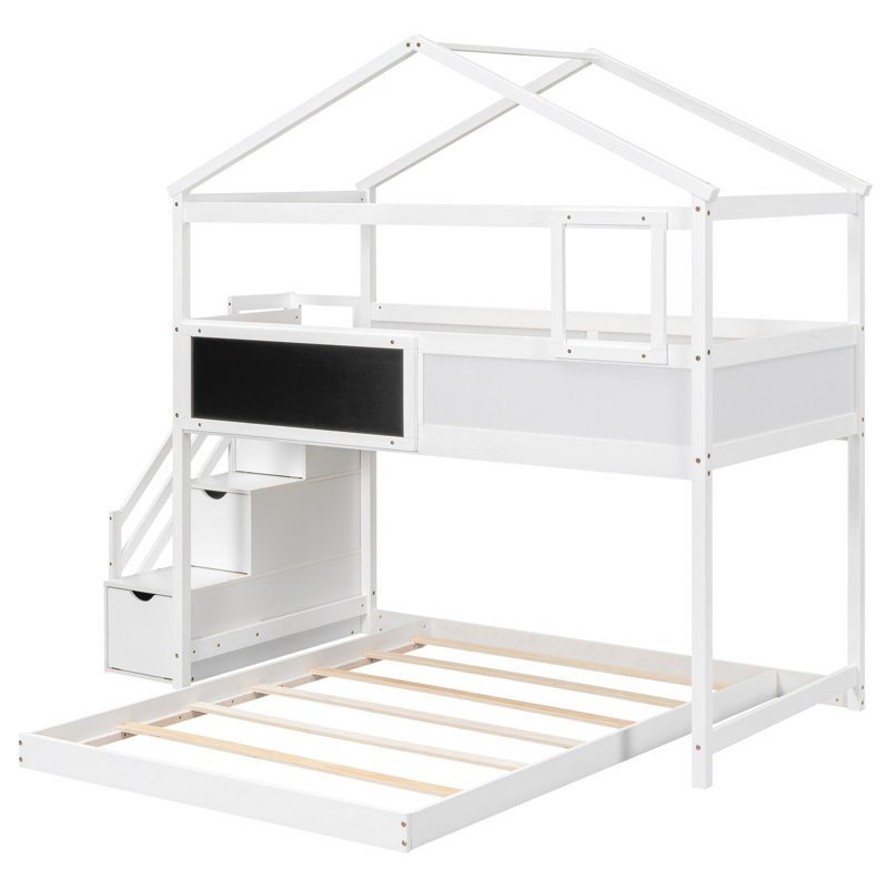 Lit superposé simple au-dessus d'un lit double blanc avec rangement efficace et tableau noir inspirant, Blanc