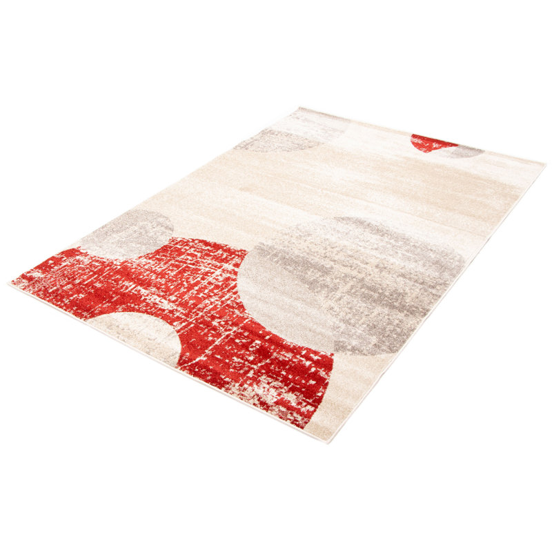 Tapis abstrait ivoire / rouge Jurgita, Rectangle 6 pi 7 po x 9 pi 6 po