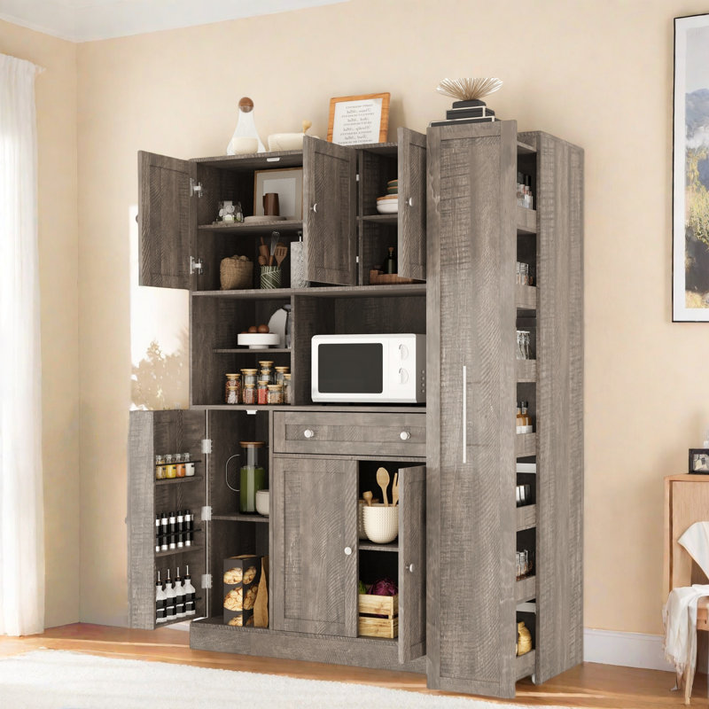 Garde-manger autoportant avec armoire latérale, tablettes de porte et tiroir, Blanc, Brun