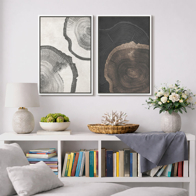 «Tree Ring», souche de bois gris, œuvre d'art neutre, photos de cabane de ferme rustique, ensemble de 2 impressions sur toile encadrées, 16 x 24 x 2, 24 x 36 x 2