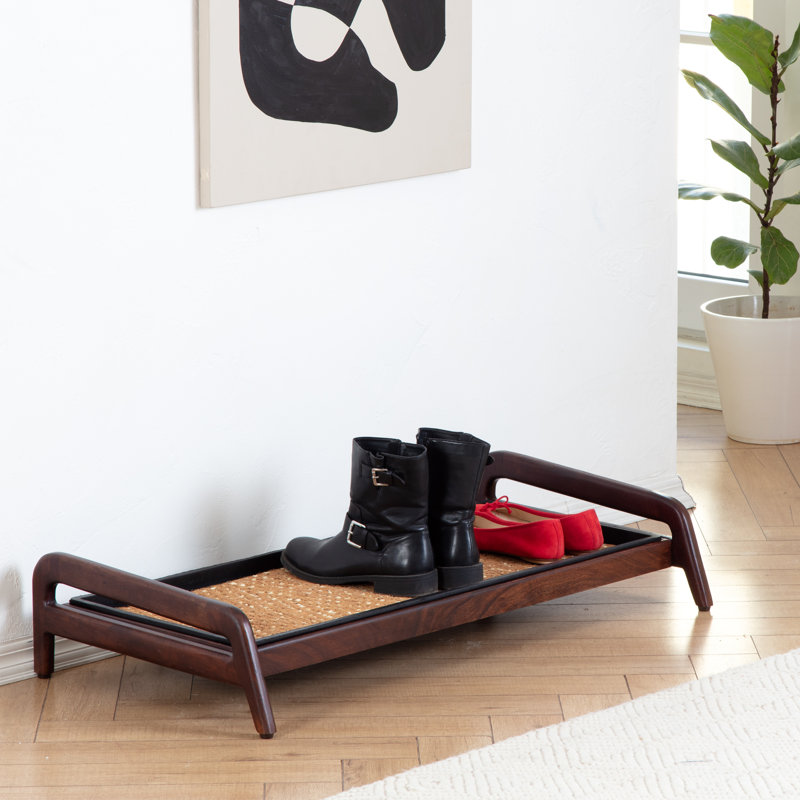 Premium Solid Wood Boot Tray Stand with Natural Coir Mat - Entryway & Mudroom Shoe Organizer, Dark Brown, 18.5" W x 36.5" L