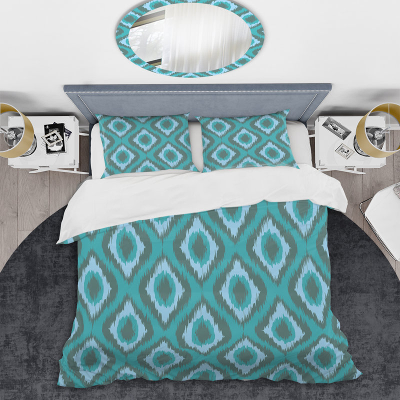 Ensemble de housse de couette à motif ikat ogat bleu à motif tribal, Housse de couette simple + 1 taie décorative stan
