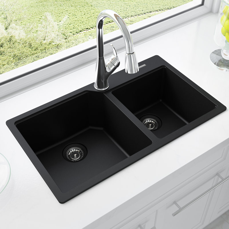 Évier de cuisine à double cuve avec crépine L 34 po x l 20 po, Onyx
