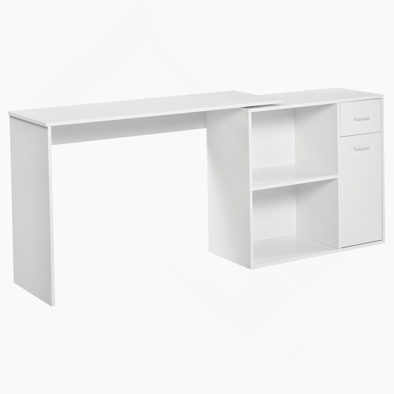 Bureau d'ordinateur en L, tablettes de rangement, tiroir et armoire, poste de travail pour bureau personnel, Blanc