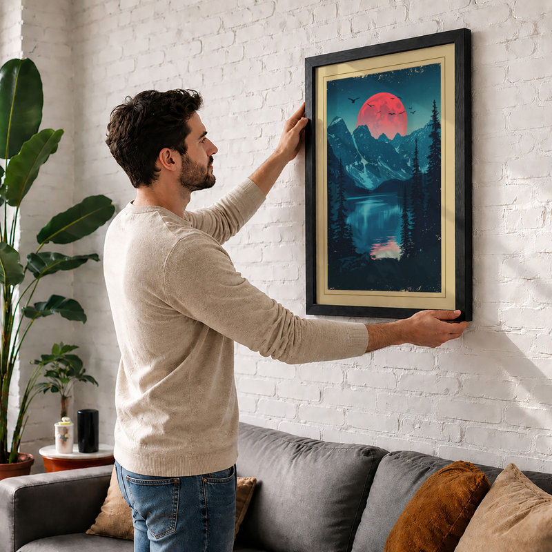 Pink Moon Over Mountains Retro - Framed Print, A3 - 42.0 x 29.7 cm, White