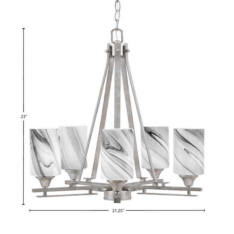 Lustre 5 lumières Uptowne montré dans une finition argentée vieillie avec verre tourbillon onyx 4 "