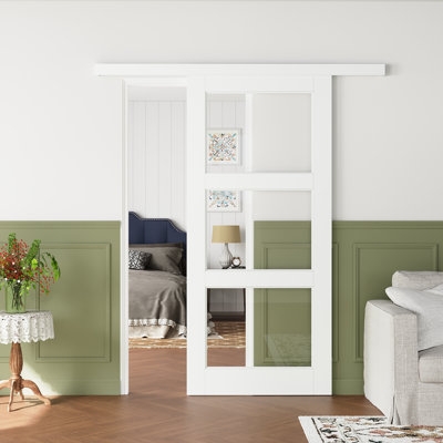 Pre-assembled Panel, Hidden Track 3-lite Clear Glass Sliding Barn Door Black Finish Solid Manufactured Wood Closet Door with Installation Hardware Kit(Included Soft Close)