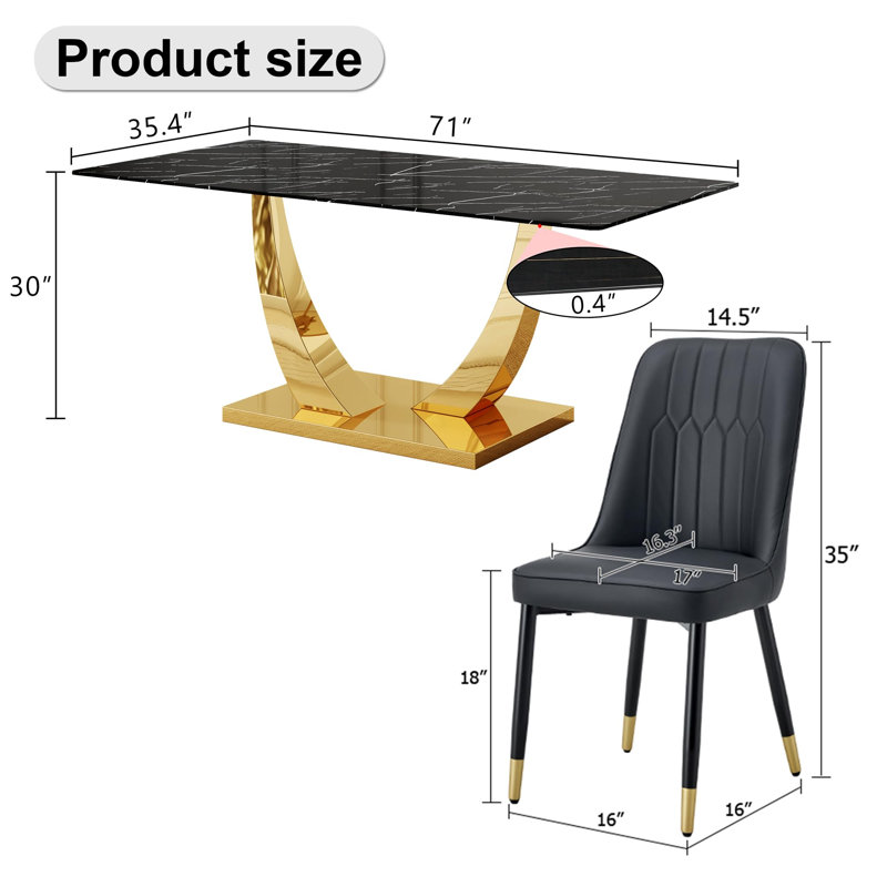 Ensemble de table de salle à manger 71 ", plateau en verre trempé avec pieds en métal, 9 pièces : table, 8 chaises, Noir