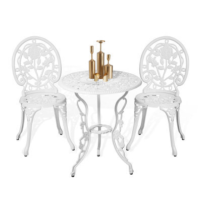 Bistro Table And Chairs Set Of 2 Outdoor 3 Piece Patio Set, Rose Pattern Cast Aluminum Bistro For Garden Balcony, Durable Rust All-weather Resistance, Rose White