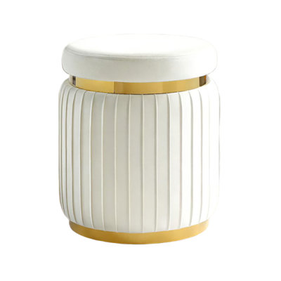 Karie Ottoman Stool, Gold Trim, Vertical Channel Design, White Fabric