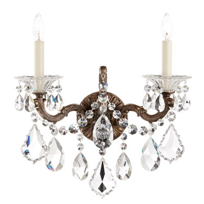 La Scala 2 Light 15in x 17in Wall Sconce with Round Backplate in Florentine Bronze with Clear Swarovski Crystals
