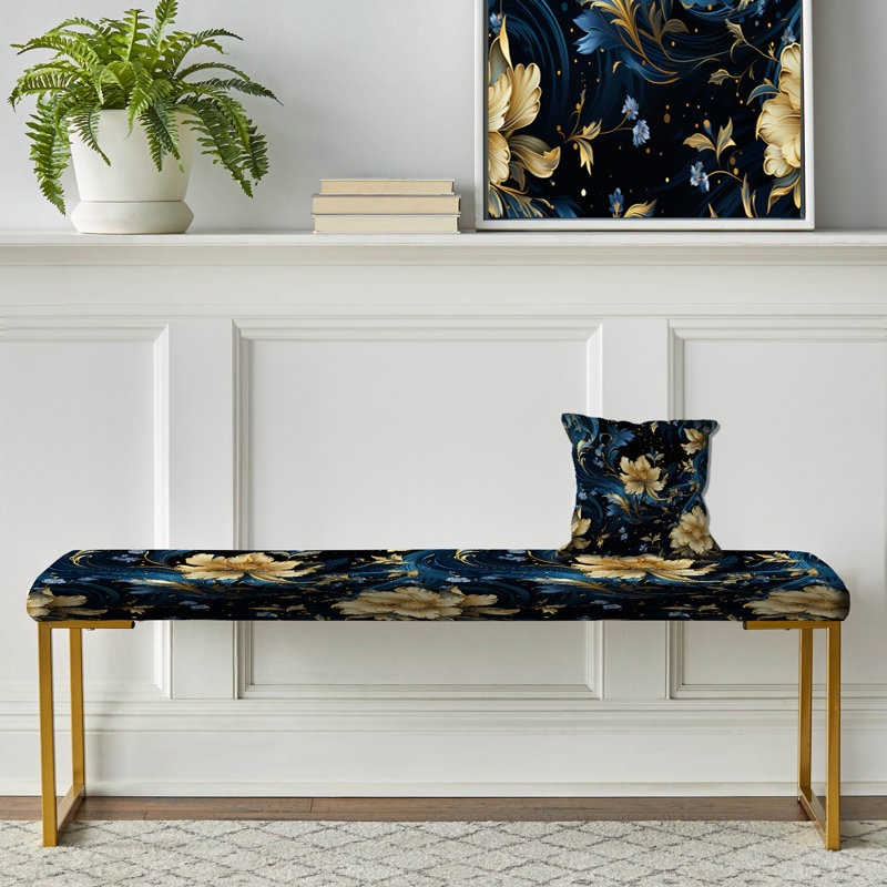 Blue And Yellow Cosmic Damask Whirls II - Damask Upholstered Gold Bench