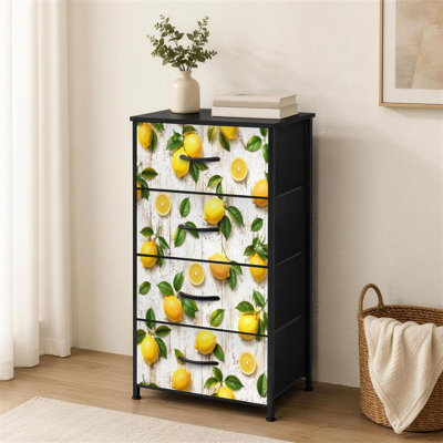 Commode à 4 tiroirs pour la chambre à coucher Imprimé de citrons dessinés sans soudure Imprimé floral Croquis Exotique tropicale tropicale Petite commode à vêtements pour commode avec commode