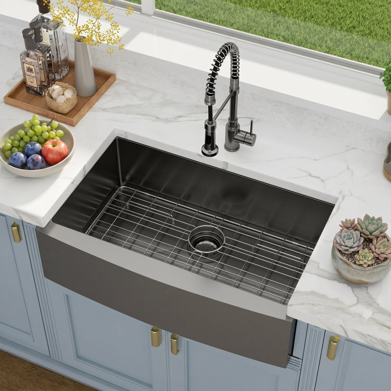33" L x 21" W Farmhouse Kitchen Sink Gunmetal Black 16 Gauge Stainless Steel Kitchen Sink