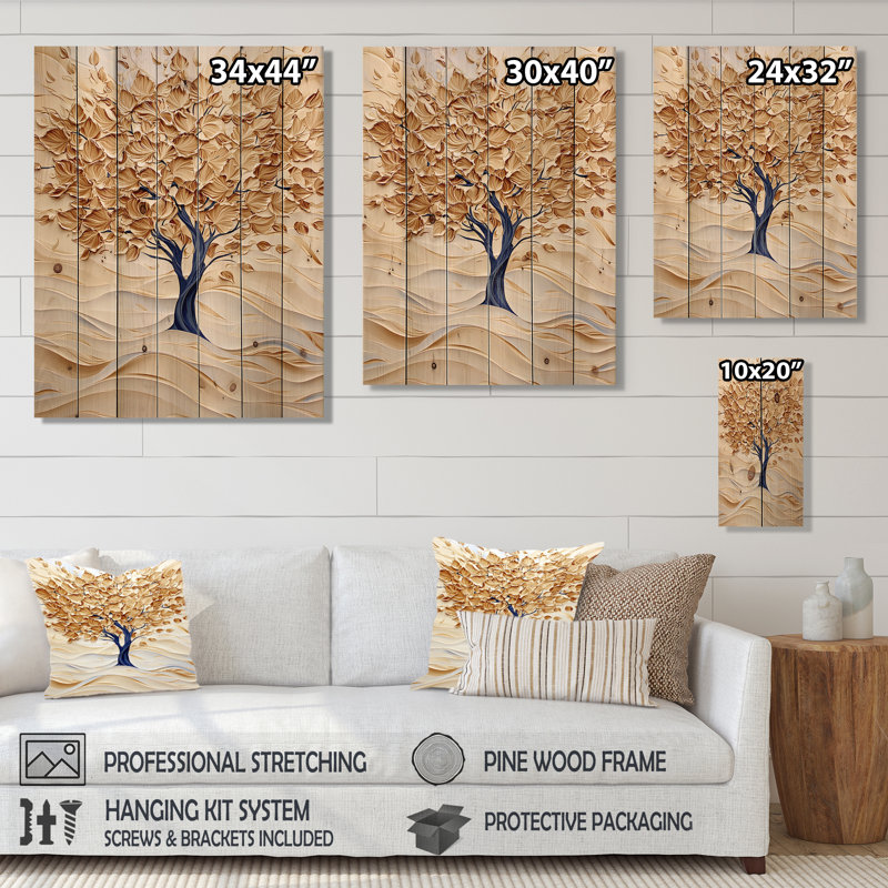 Gold Winter Maple Tree Essence III - Traditional Wood Wall Art On Natural Pine Wood, 44" H x 34" W x 0.78" D