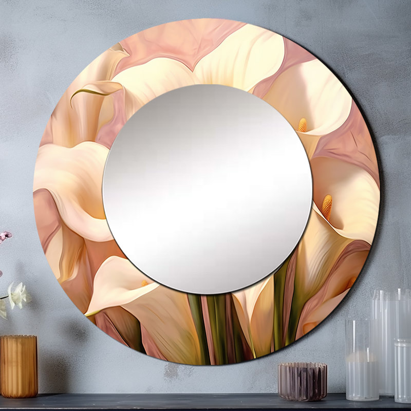 Cream Pink Lily Serenade - Floral Unique Mirror, Cream Large Round Wall Mirror, Printed Metal Art, 29" x 29"