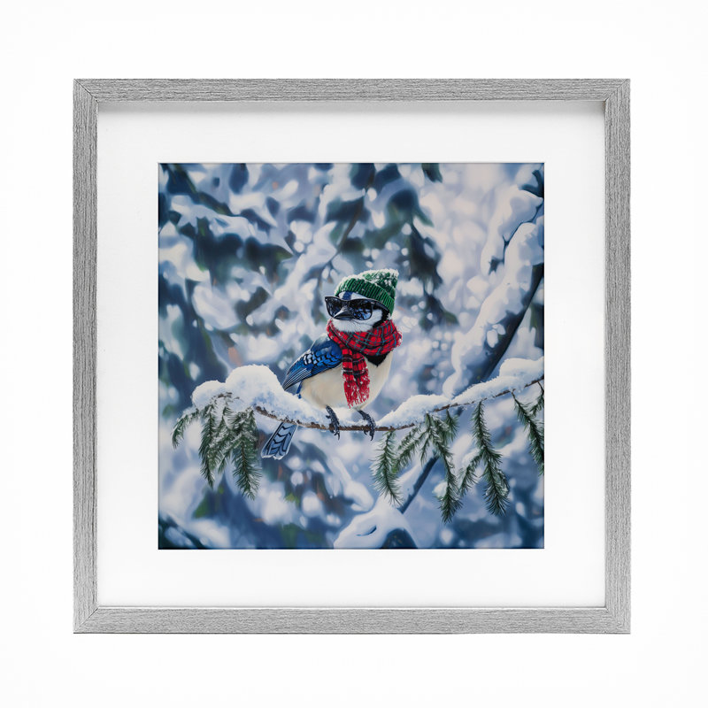 «Christmas Blue Jay» perché, reproduction d'art sous verre, conception de Jim Baldwin, Cadre de ferme gris, H 13 po x l 13 po