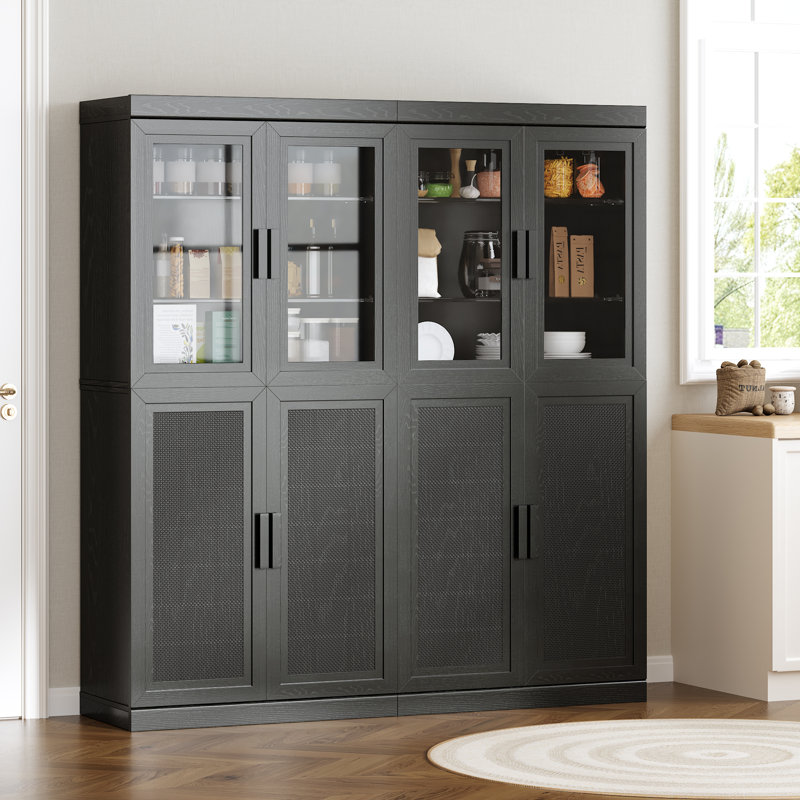 Garde-manger 67 po avec tablettes en bois de rotin, Noir mat