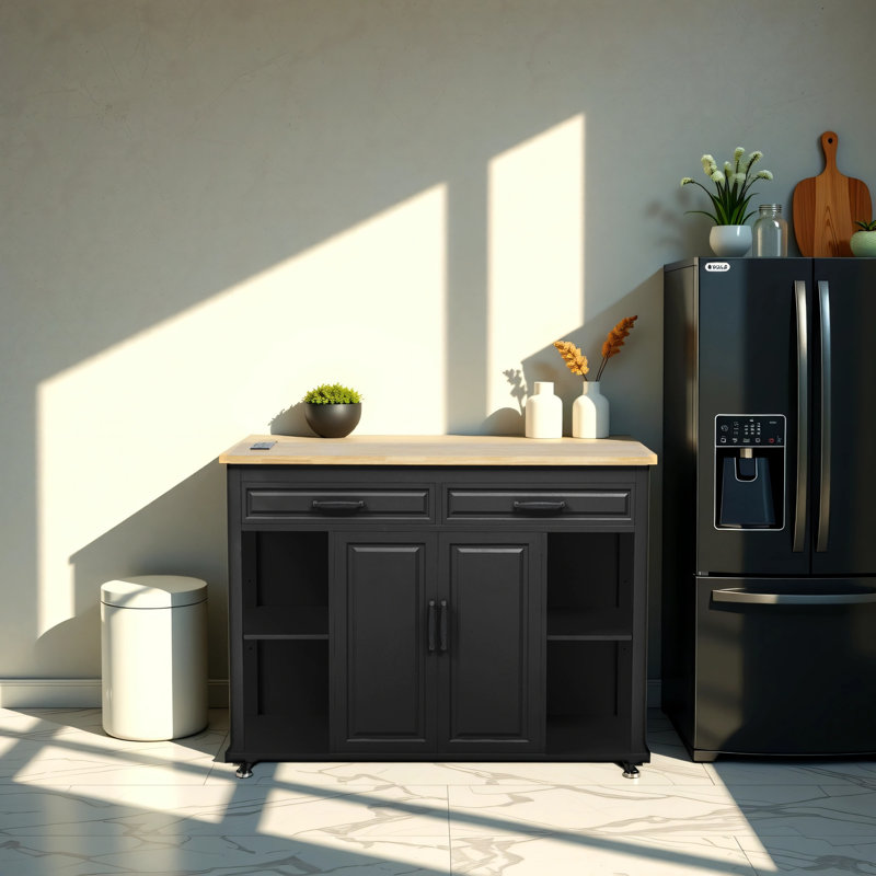 47-Inch Kitchen Island With Extendable Dining Table With Interior Storage Shelves, Electrical Outlet Black